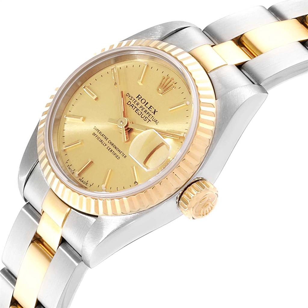 The image shows a Rolex Datejust 69173 Women's Steel and Gold (two tone) Champagne Dial 69173 Women's Steel and Gold (two tone) Champagne Dial watch from an angled view, highlighting the dial, bezel, crown, and part of the bracelet.