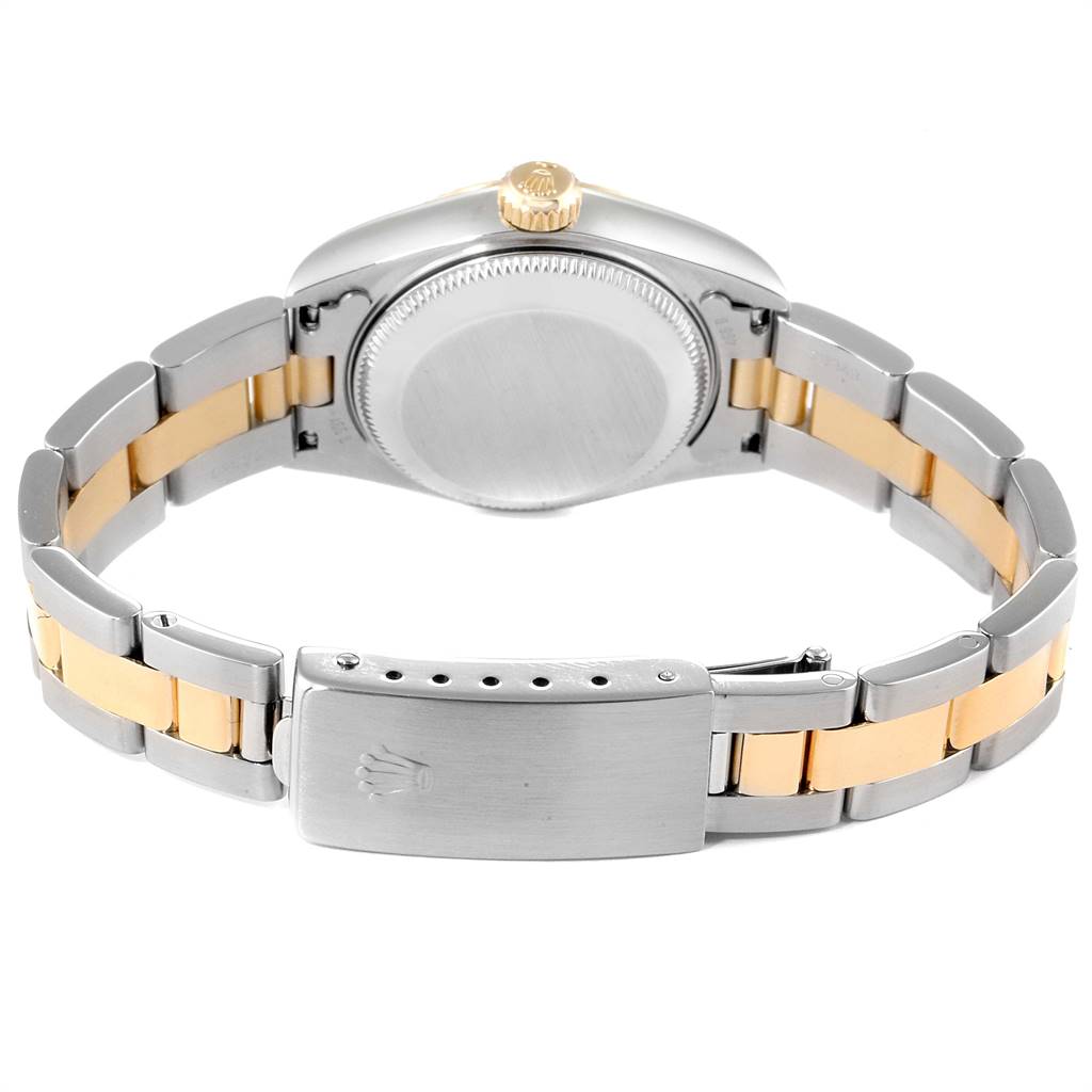 The image shows the back view of a Rolex Datejust 69173 Women's Steel and Gold (two tone) Champagne Dial 69173 Women's Steel and Gold (two tone) Champagne Dial watch, focusing on its clasp, bracelet, and case back.