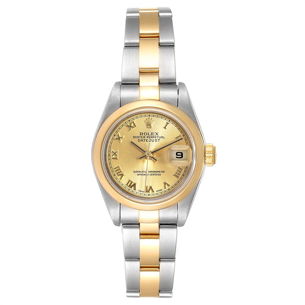 This Rolex Datejust 79163 Women's Steel and Gold (two tone) Champagne Dial 79163 Women's Steel and Gold (two tone) Champagne Dial watch is shown from a top-down angle, highlighting its dial, bezel, and bracelet.