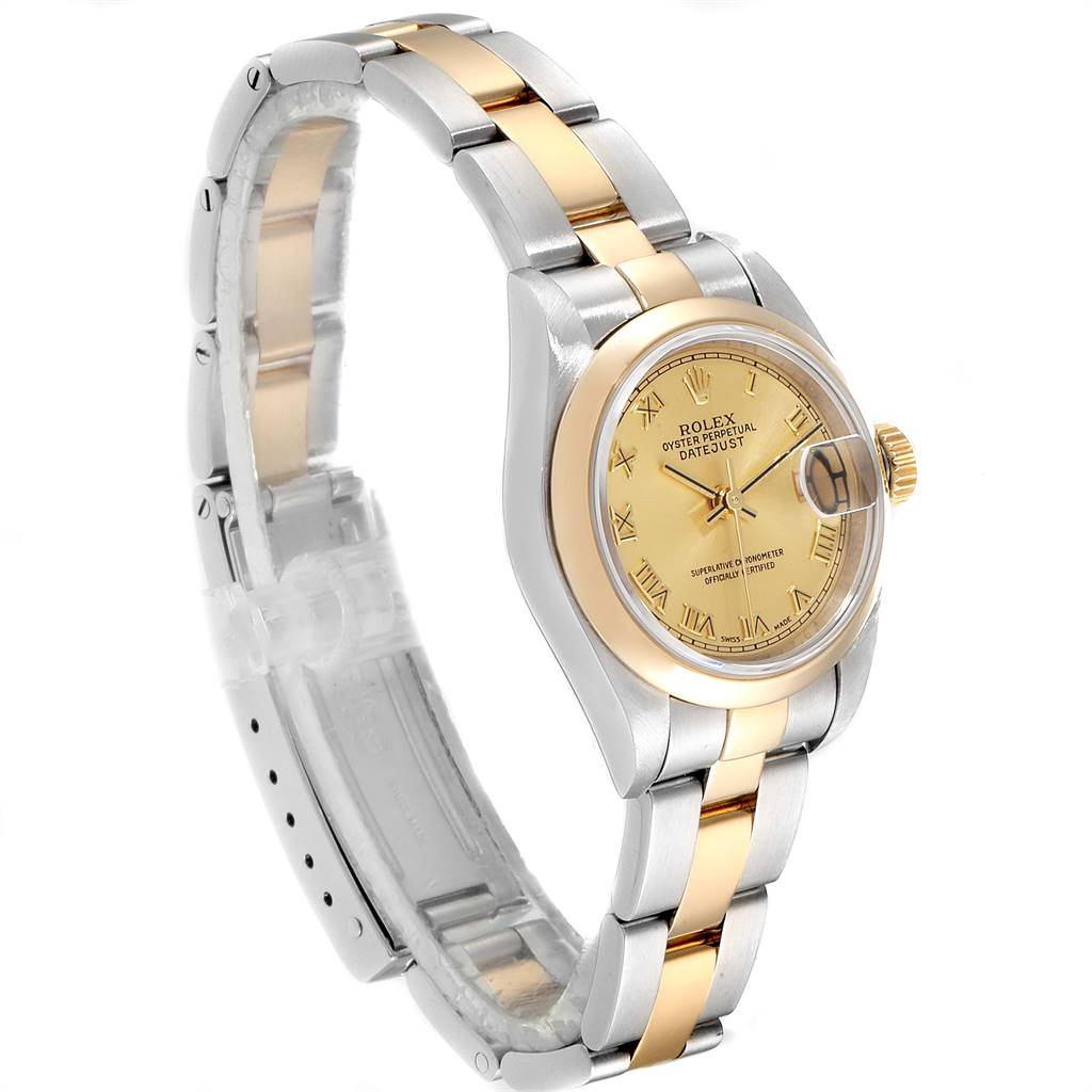 The image shows a side-angle view of a Rolex Datejust 79163 Women's Steel and Gold (two tone) Champagne Dial 79163 Women's Steel and Gold (two tone) Champagne Dial watch, highlighting its two-tone bracelet and gold dial.