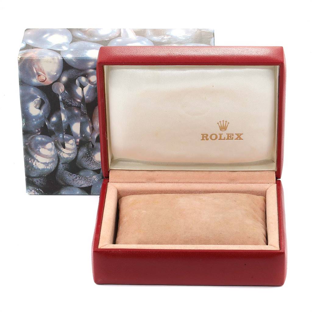 The image shows an open Rolex Datejust 79163 Women's Steel and Gold (two tone) Champagne Dial 79163 Women's Steel and Gold (two tone) Champagne Dial watch box with padding and the Rolex logo on the inside lid.