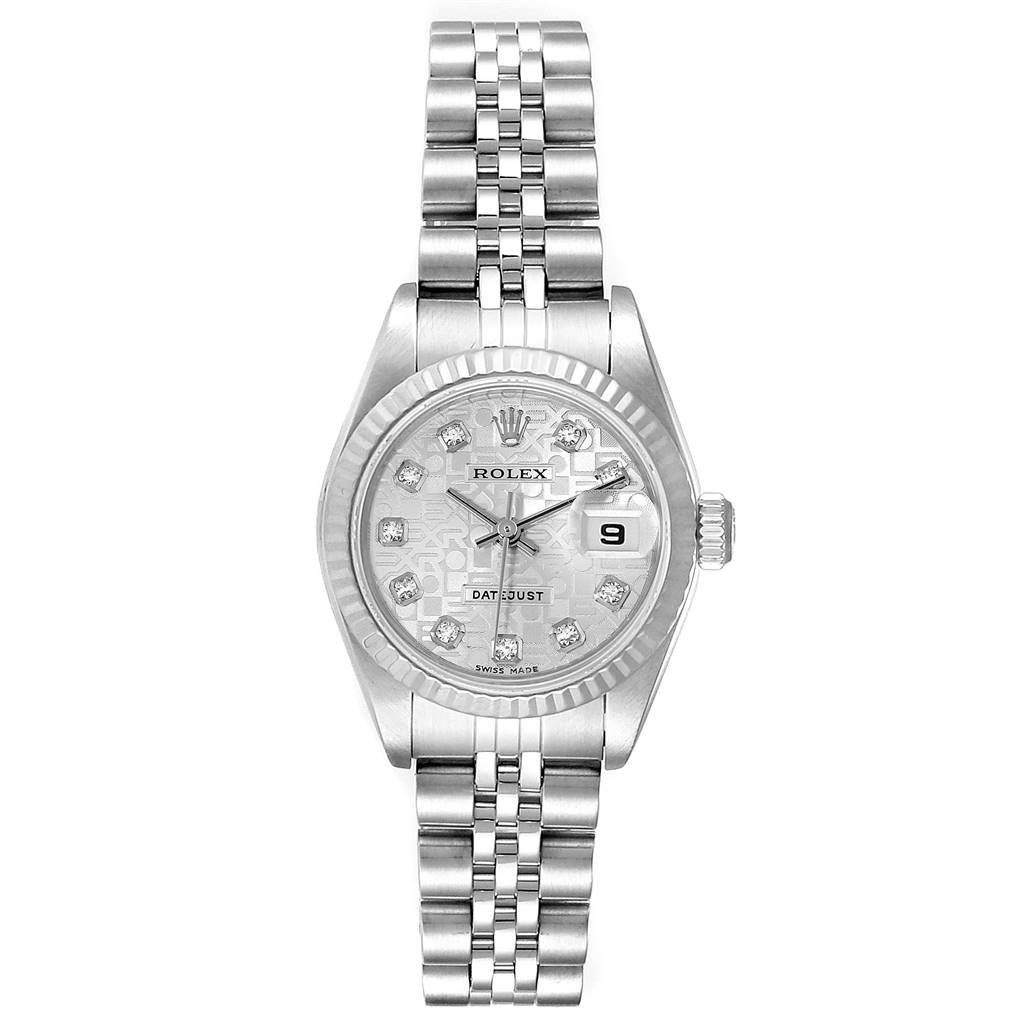The image shows a front view of a Rolex Datejust 79174 Women
s Stainless Steel Silver Dial 79174 Women
s Stainless Steel Silver Dial model watch, highlighting the dial, bezel, bracelet, and date window.