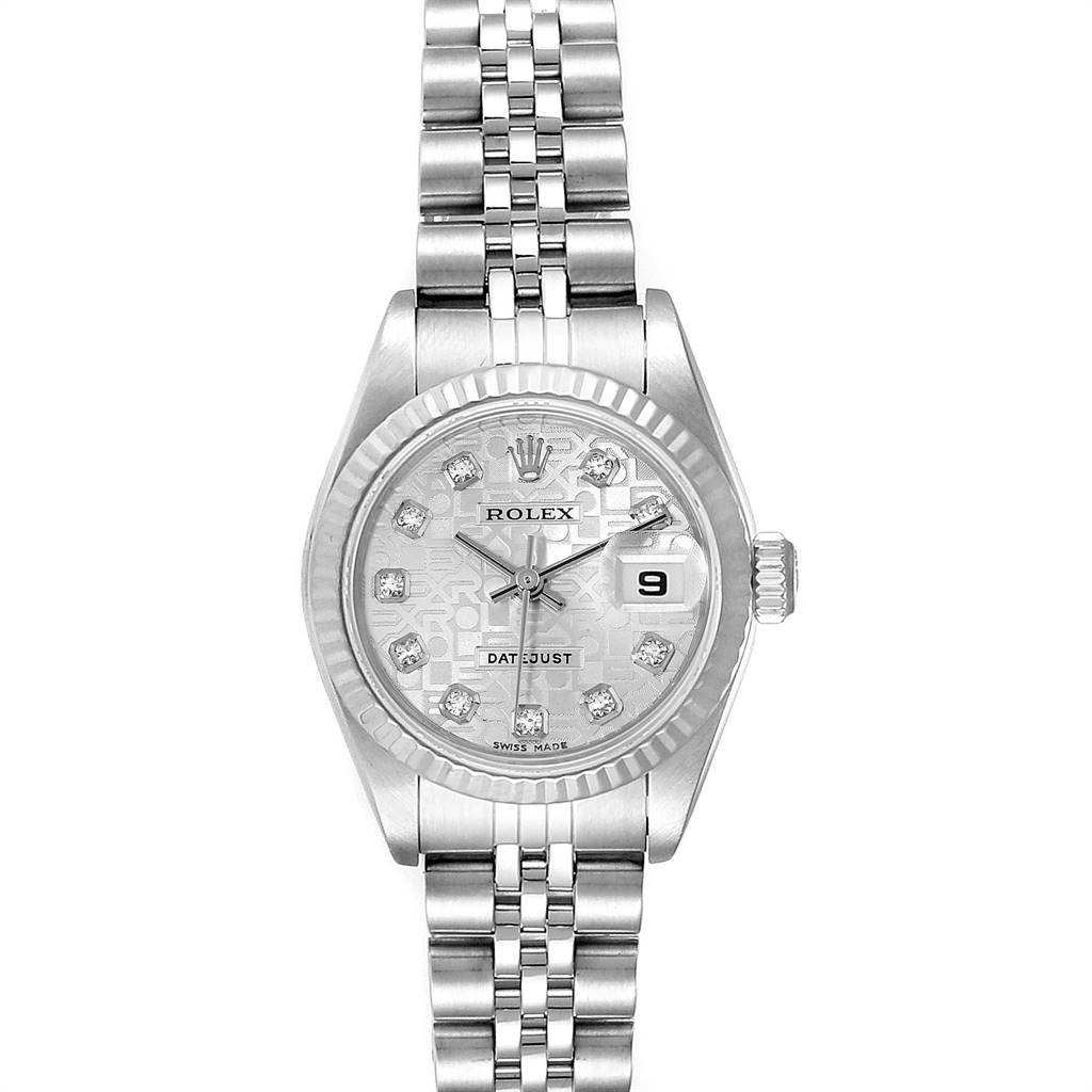 This is a frontal view of a Rolex Datejust 79174 Women
s Stainless Steel Silver Dial 79174 Women
s Stainless Steel Silver Dial watch, showcasing its dial, bezel, bracelet, and date window.