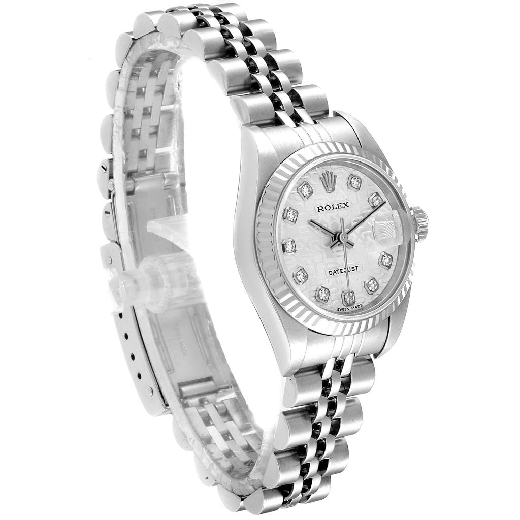 This image shows a side angle of the Rolex Datejust 79174 Women
s Stainless Steel Silver Dial 79174 Women
s Stainless Steel Silver Dial watch, highlighting the bracelet, bezel, and dial.