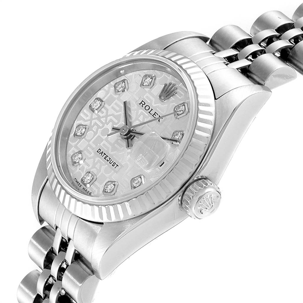 The image shows a Rolex Datejust 79174 Women
s Stainless Steel Silver Dial 79174 Women
s Stainless Steel Silver Dial watch at a slight angle, highlighting the face, bezel, crown, and part of the bracelet.