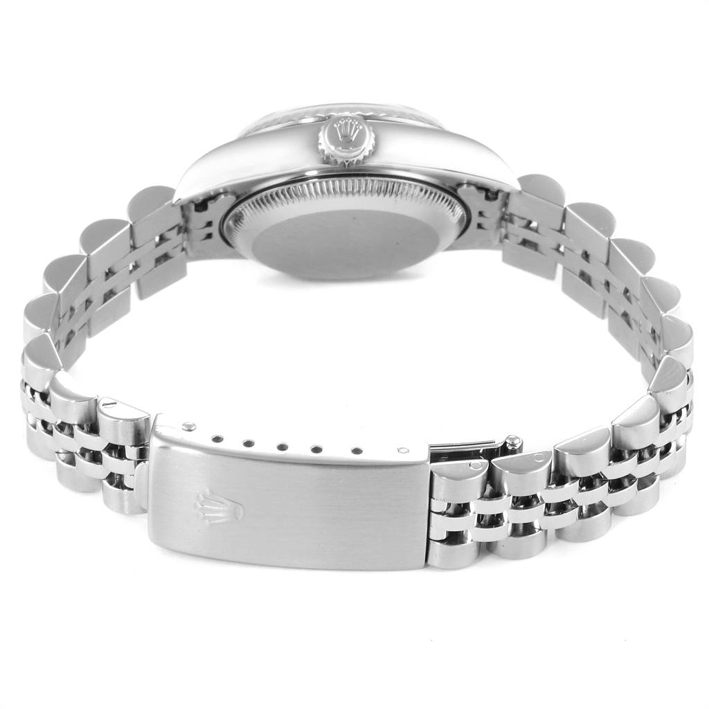 This image shows the rear view of the Rolex Datejust 79174 Women
s Stainless Steel Silver Dial 79174 Women
s Stainless Steel Silver Dial model, highlighting the bracelet and clasp.