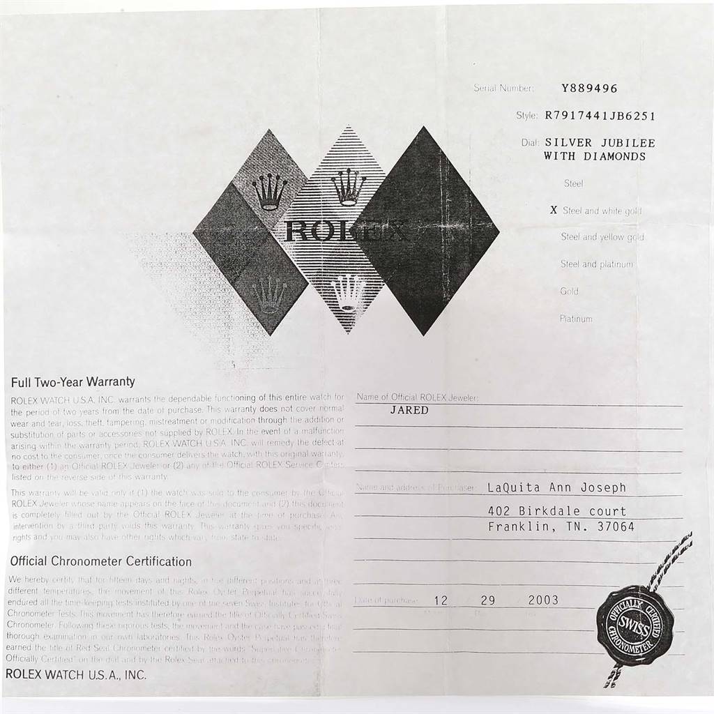 The image shows the warranty and certification papers for a Rolex Datejust 79174 Women
s Stainless Steel Silver Dial 79174 Women
s Stainless Steel Silver Dial model with a Silver Jubilee dial with diamonds.