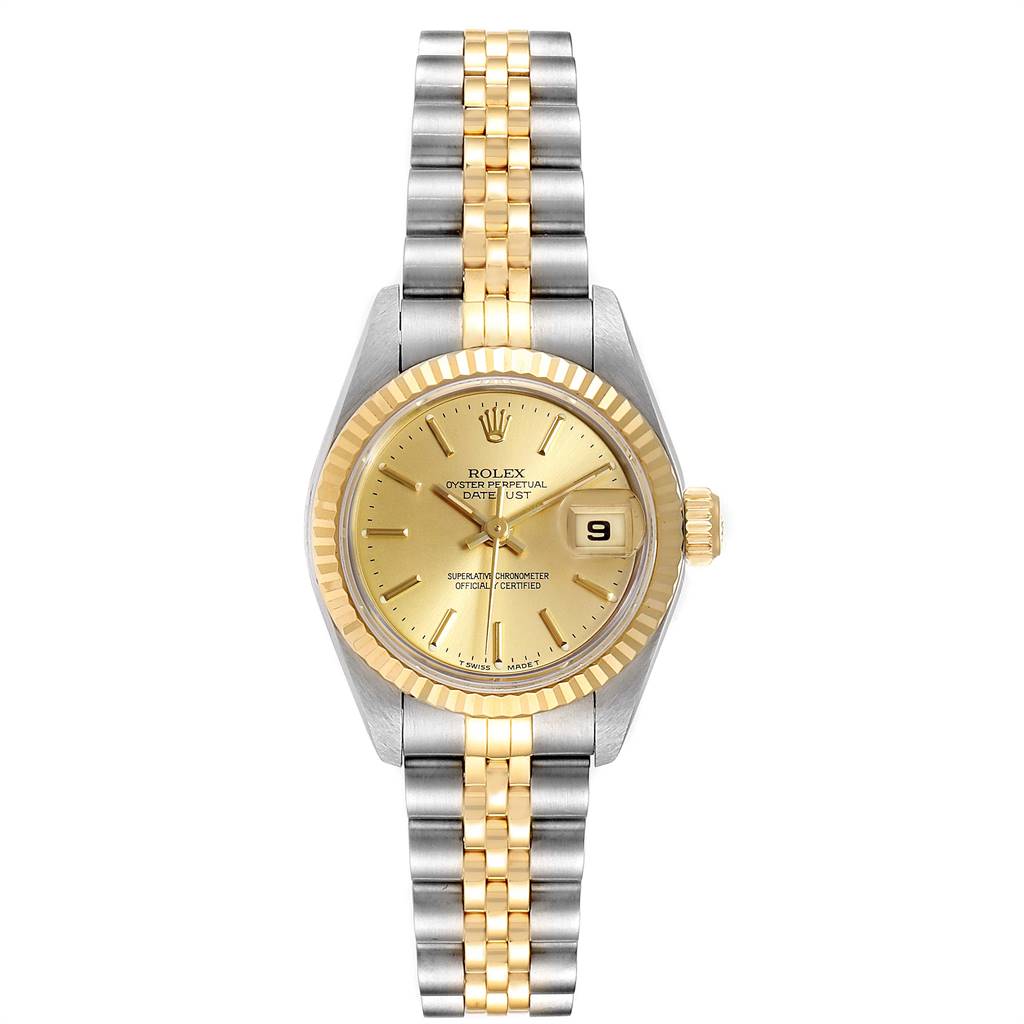 This is a Rolex Datejust 69173 Women's Stainless Steel Champagne Dial 69173 Women's Stainless Steel Champagne Dial watch shown from the front, featuring the face, bezel, and bracelet.
