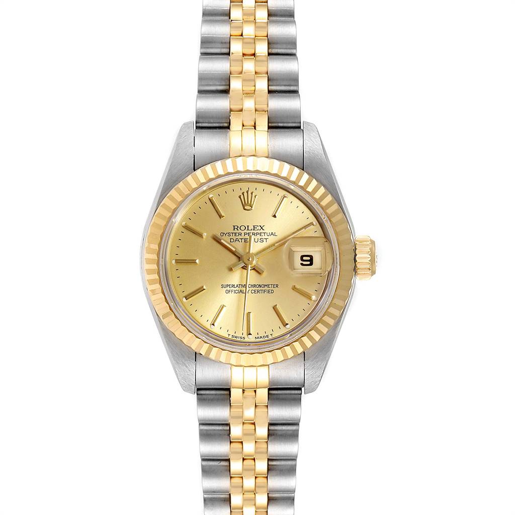 The image shows a top-down view of the Rolex Datejust 69173 Women's Stainless Steel Champagne Dial 69173 Women's Stainless Steel Champagne Dial watch, displaying its two-tone bracelet, gold dial, and date window.
