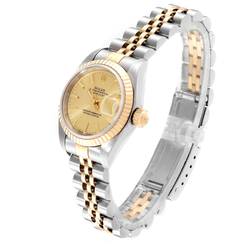 The image shows a Rolex Datejust 69173 Women's Stainless Steel Champagne Dial 69173 Women's Stainless Steel Champagne Dial watch at an angled view, highlighting the gold dial, bezel, and two-tone metal bracelet.