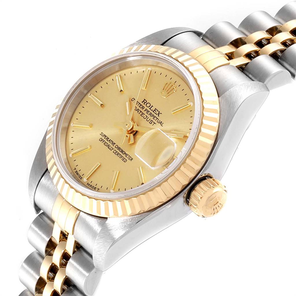 The image displays a Rolex Datejust 69173 Women's Stainless Steel Champagne Dial 69173 Women's Stainless Steel Champagne Dial watch at a slight side angle, showcasing its gold dial, bezel, crown, and Jubilee bracelet.
