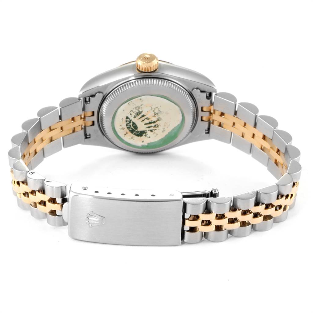 This image shows the back and clasp of a Rolex Datejust 69173 Women's Stainless Steel Champagne Dial 69173 Women's Stainless Steel Champagne Dial watch, featuring a two-tone metal bracelet.