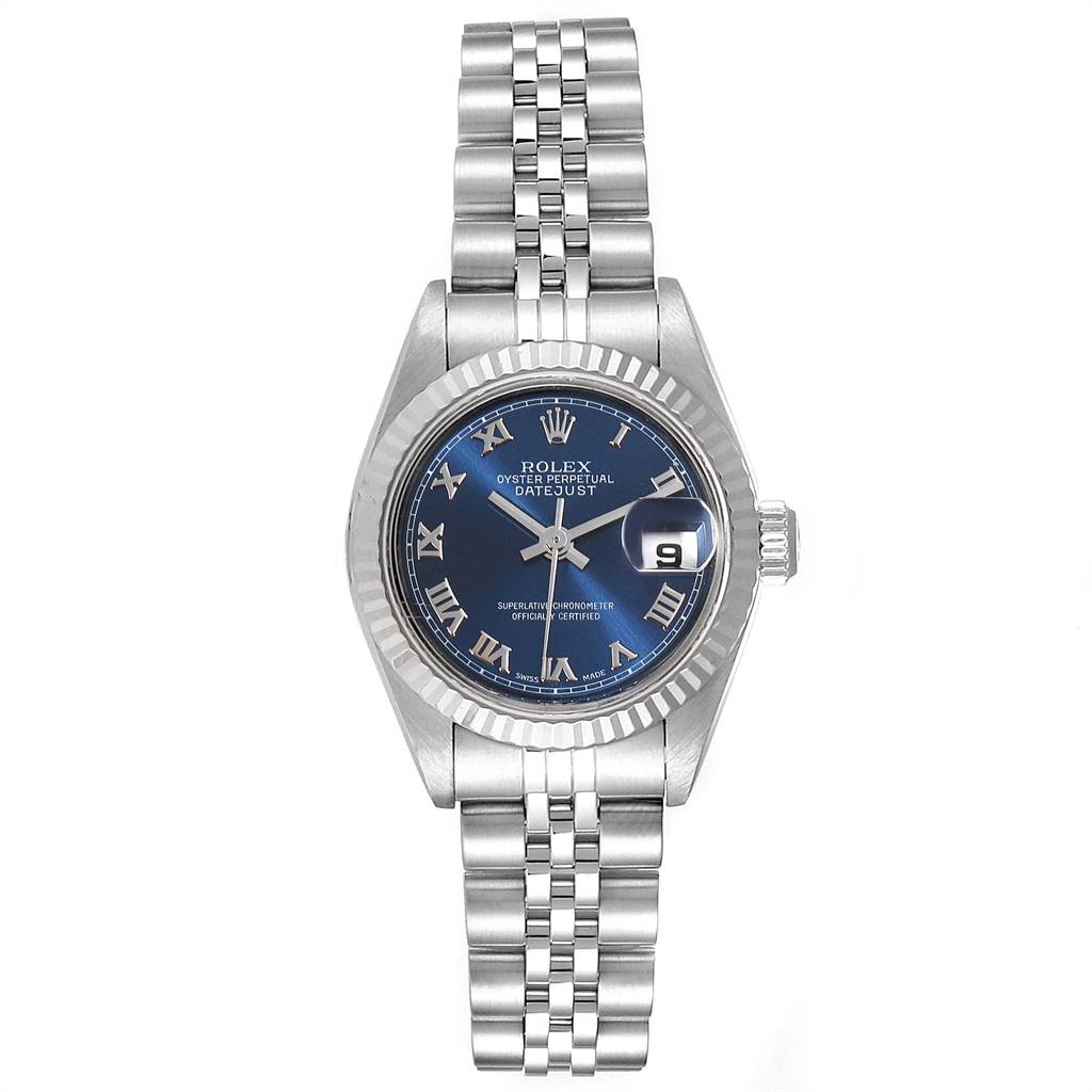 This image shows a Rolex Datejust 79174 Women's Stainless Steel Blue Dial 79174 Women's Stainless Steel Blue Dial watch from a front angle, featuring the face, bezel, and bracelet.