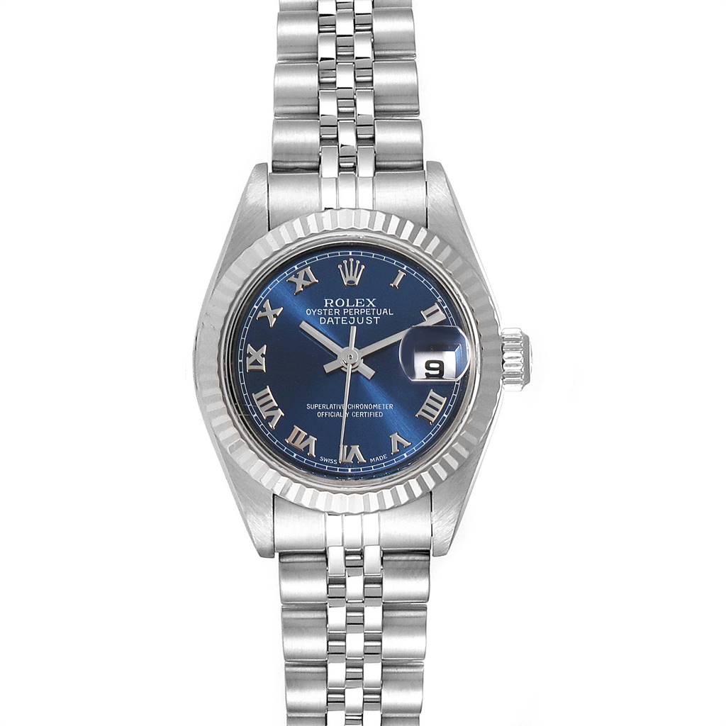 The Rolex Datejust 79174 Women's Stainless Steel Blue Dial 79174 Women's Stainless Steel Blue Dial watch is shown from a top-down angle, displaying the face, bezel, and bracelet.