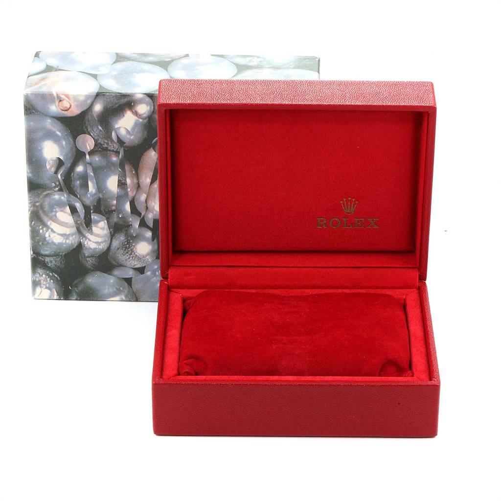 The image shows an open red watch box for a Rolex Datejust 79174 Women's Stainless Steel Blue Dial 79174 Women's Stainless Steel Blue Dial model, with the lid displaying the brand's logo.