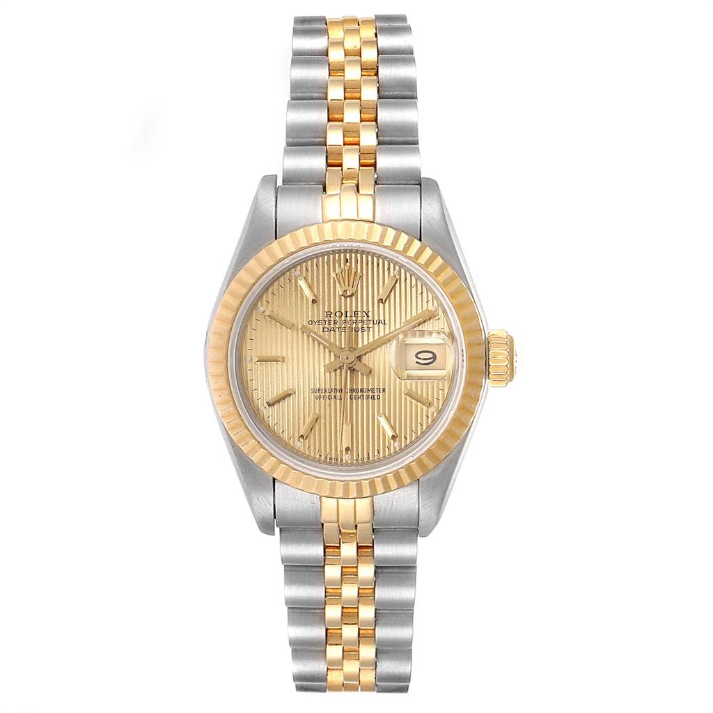 This image shows the front view of a Rolex Datejust 69173 Women
s Stainless Steel Champagne Dial 69173 Women
s Stainless Steel Champagne Dial watch, highlighting its dial, bezel, and bracelet.