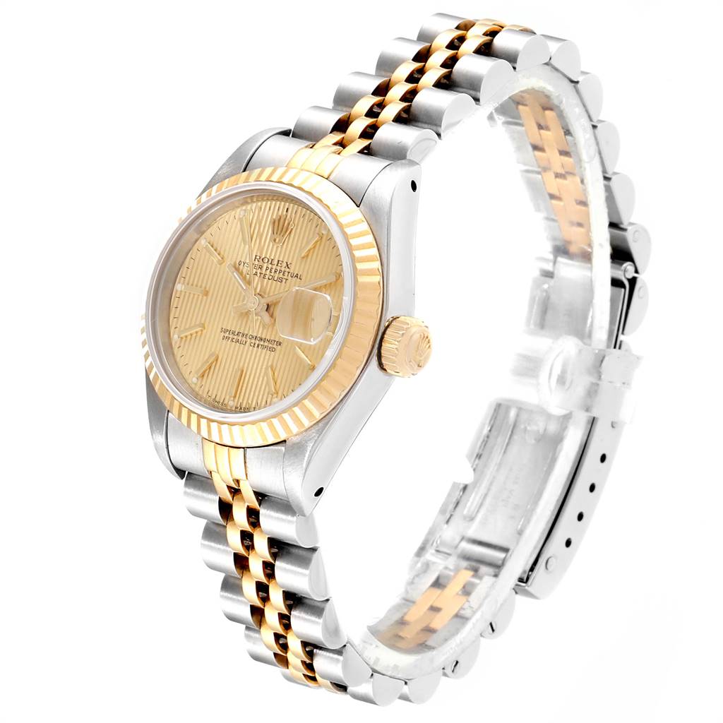 The image shows a Rolex Datejust 69173 Women
s Stainless Steel Champagne Dial 69173 Women
s Stainless Steel Champagne Dial watch at a slight angle, highlighting its dial, crown, and Jubilee bracelet.