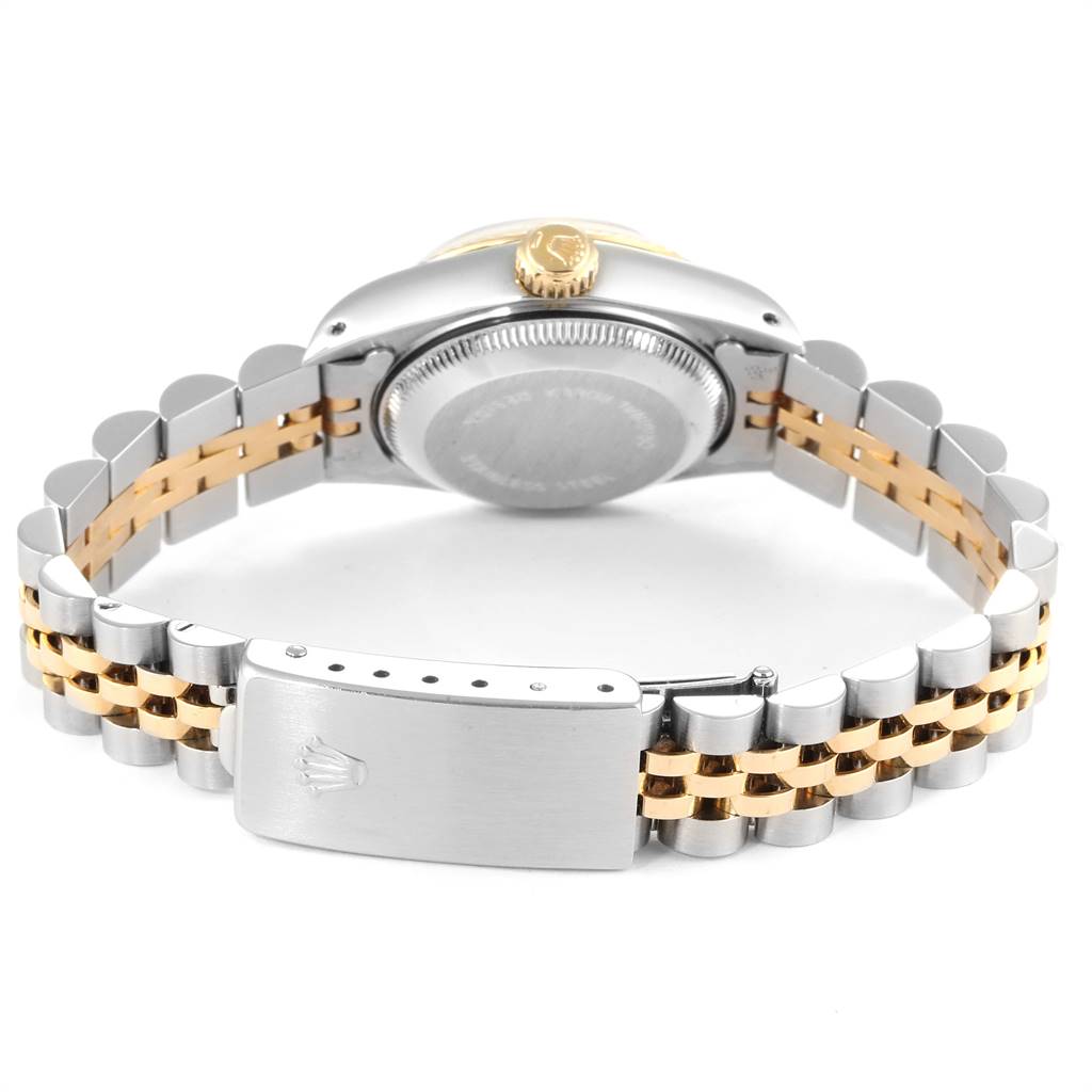The image shows the back casing, crown, and bracelet of a Rolex Datejust 69173 Women
s Stainless Steel Champagne Dial 69173 Women
s Stainless Steel Champagne Dial watch, displayed from a rear bottom angle.