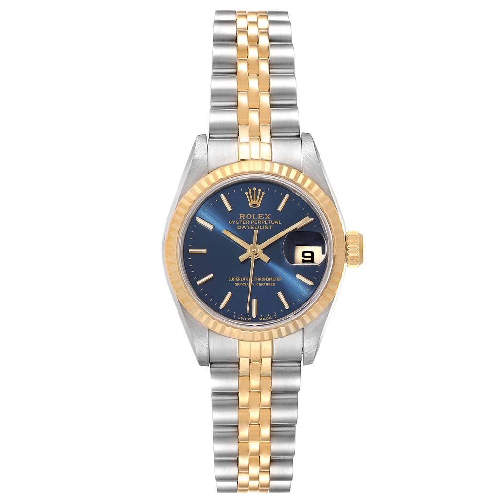 The image shows a front view of a Rolex Datejust 69173 Women
s Stainless Steel Blue Dial 69173 Women
s Stainless Steel Blue Dial watch, displaying its blue dial, fluted bezel, and two-tone bracelet.