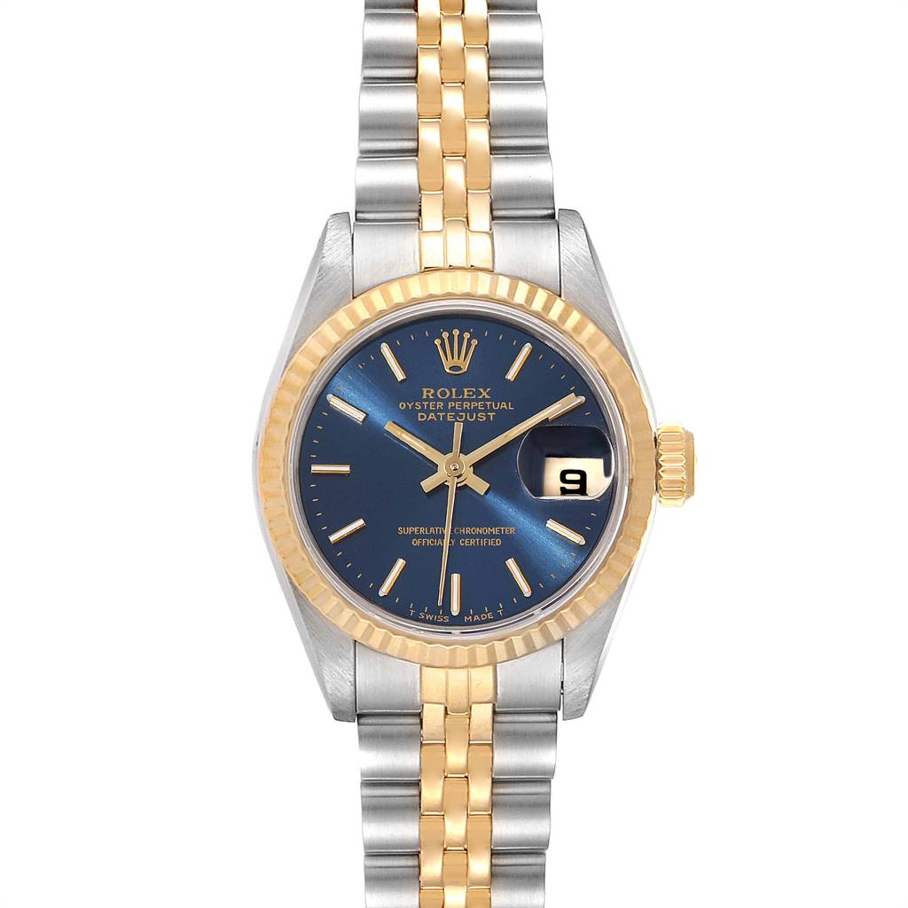 The image shows a front view of a Rolex Datejust 69173 Women
s Stainless Steel Blue Dial 69173 Women
s Stainless Steel Blue Dial watch with a blue dial and a two-tone metal bracelet.