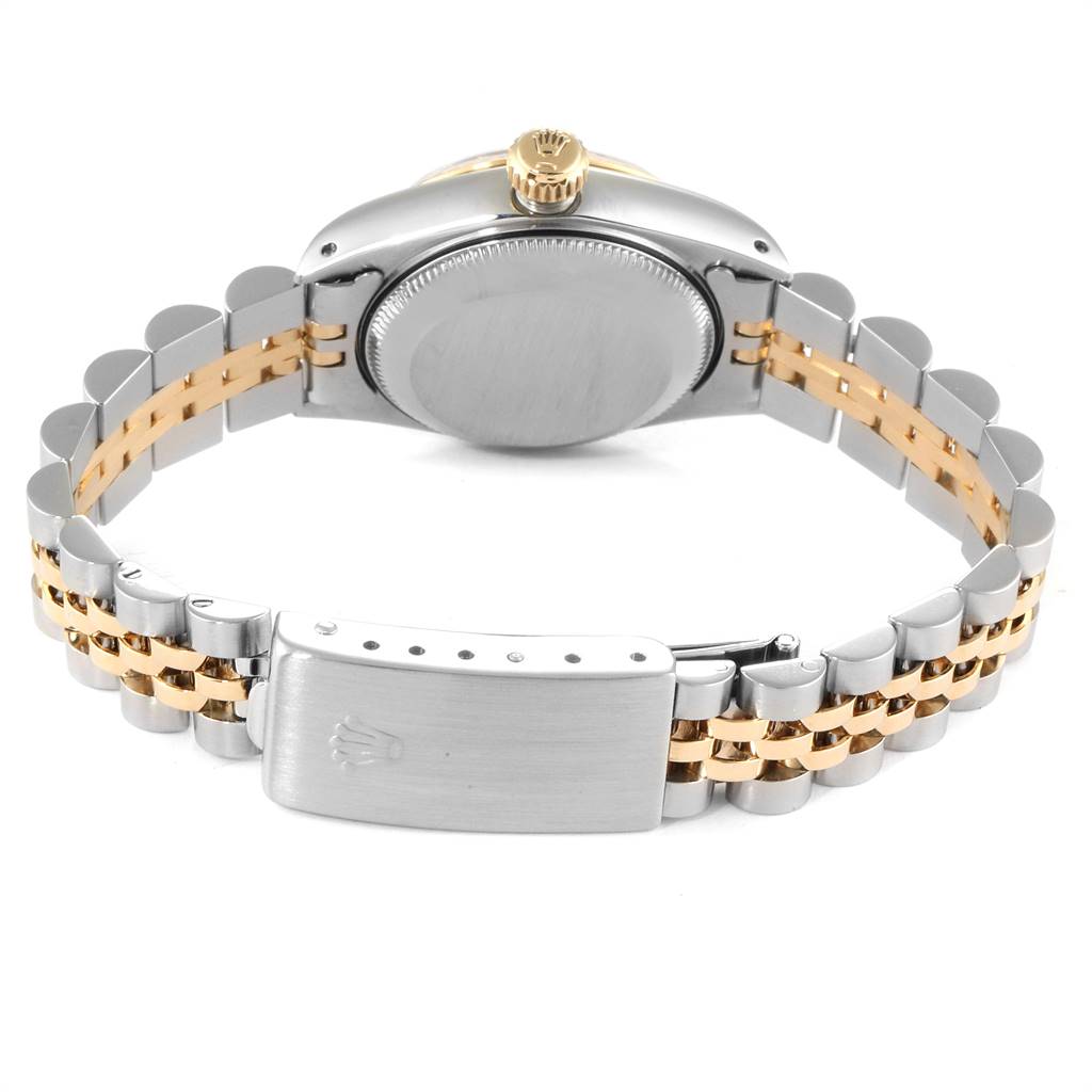 This image shows the back view of a Rolex Datejust 69173 Women
s Stainless Steel Blue Dial 69173 Women
s Stainless Steel Blue Dial watch, highlighting the casing, crown, and bicolor bracelet and clasp.