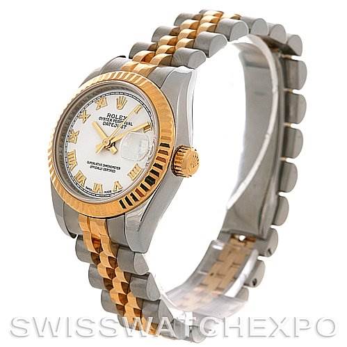 This image shows a side angle of a Rolex Datejust 179173 Women's Steel and Gold (two tone) White Dial 179173 Women's Steel and Gold (two tone) White Dial watch, featuring the dial, bezel, crown, and Jubilee bracelet.