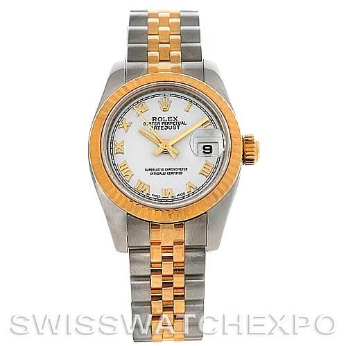This image shows a front view of a Rolex Datejust 179173 Women's Steel and Gold (two tone) White Dial 179173 Women's Steel and Gold (two tone) White Dial watch, highlighting its dial, bezel, and two-tone bracelet.