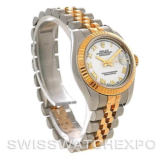 This image shows a side and partial top view of a Rolex Datejust 179173 Women's Steel and Gold (two tone) White Dial 179173 Women's Steel and Gold (two tone) White Dial watch, highlighting the bracelet and face.