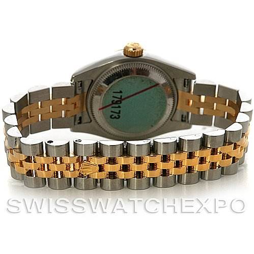 This image shows the back case and two-tone bracelet of a Rolex Datejust 179173 Women's Steel and Gold (two tone) White Dial 179173 Women's Steel and Gold (two tone) White Dial watch from a rear angle.