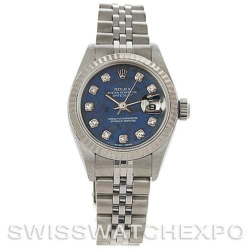 The image shows a Rolex Datejust 79174 Women's Stainless Steel Blue Dial 79174 Women's Stainless Steel Blue Dial watch from a front angle, displaying its face, bezel, and bracelet.