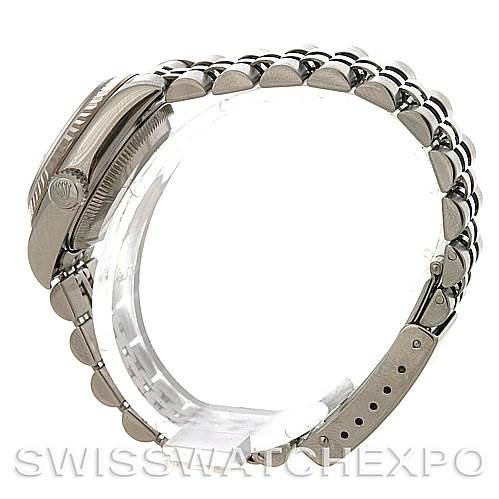 This image shows the side profile and bracelet of a Rolex Datejust 79174 Women's Stainless Steel Blue Dial 79174 Women's Stainless Steel Blue Dial watch, featuring its crown, case, and Jubilee bracelet.