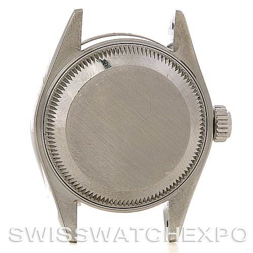 This image shows the back case and crown of a Rolex Datejust 79174 Women's Stainless Steel Blue Dial 79174 Women's Stainless Steel Blue Dial watch, viewed from the rear.