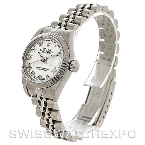 This image shows a side and front angle of a Rolex Datejust 79174 Women's Stainless Steel White Dial 79174 Women's Stainless Steel White Dial watch, highlighting its dial, bezel, crown, and bracelet.