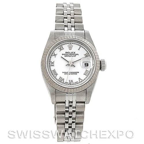 This image shows a front view of a Rolex Datejust 79174 Women's Stainless Steel White Dial 79174 Women's Stainless Steel White Dial watch, highlighting its dial, bracelet, and date window.