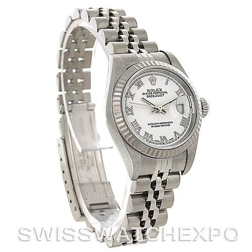 This image shows a Rolex Datejust 79174 Women's Stainless Steel White Dial 79174 Women's Stainless Steel White Dial watch at a three-quarter angle highlighting the face, bezel, crown, and bracelet.