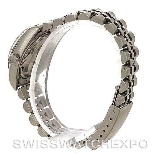 This image shows a side view of the Rolex Datejust 79174 Women's Stainless Steel White Dial 79174 Women's Stainless Steel White Dial watch, highlighting the bracelet and clasp.