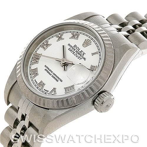 This image shows a partial side and front view of the Rolex Datejust 79174 Women's Stainless Steel White Dial 79174 Women's Stainless Steel White Dial watch, highlighting the dial, bezel, crown, and part of the bracelet.