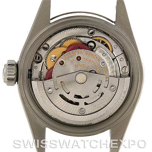 This image shows the internal mechanical movement of a Rolex Datejust 79174 Women's Stainless Steel White Dial 79174 Women's Stainless Steel White Dial watch from a rear angle.