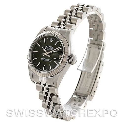 This is a side angle shot of a Rolex Datejust 69174 Women's Stainless Steel Black Dial 69174 Women's Stainless Steel Black Dial watch displaying its face, bezel, and jubilee bracelet.