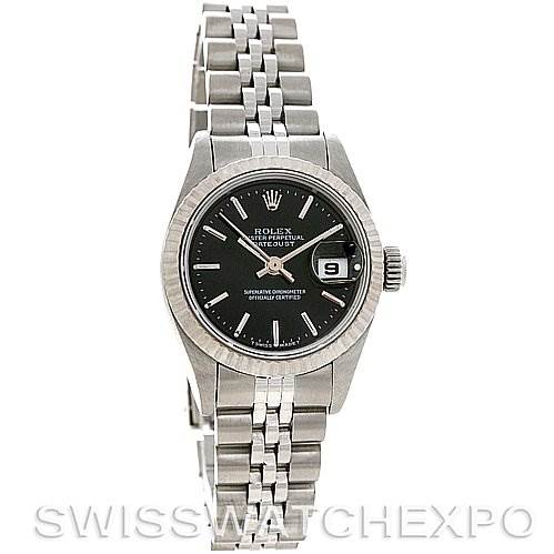 This image shows a front view of a Rolex Datejust 69174 Women's Stainless Steel Black Dial 69174 Women's Stainless Steel Black Dial watch, displaying its dial, bezel, and bracelet.