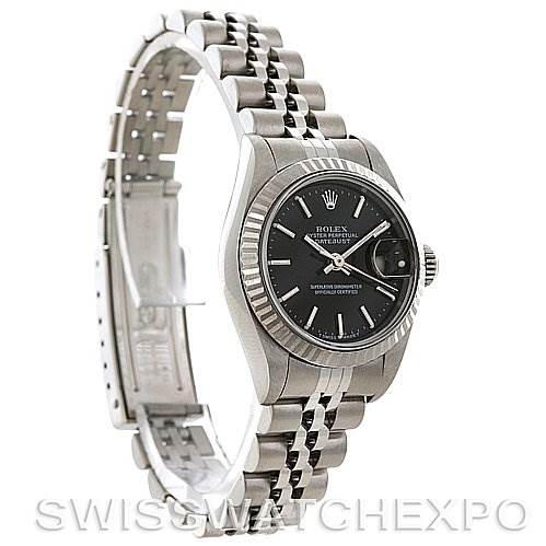 The image shows a side angle of a Rolex Datejust 69174 Women's Stainless Steel Black Dial 69174 Women's Stainless Steel Black Dial watch, highlighting its case, bracelet, and dial.