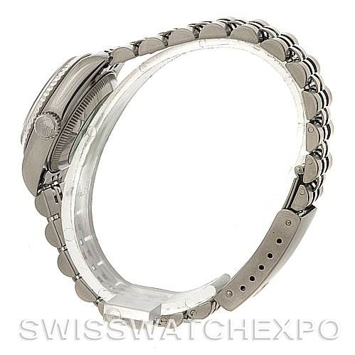 The image shows a side view of the Rolex Datejust 69174 Women's Stainless Steel Black Dial 69174 Women's Stainless Steel Black Dial watch, highlighting its bracelet and case.