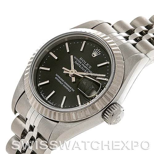 This image shows a Rolex Datejust 69174 Women's Stainless Steel Black Dial 69174 Women's Stainless Steel Black Dial watch at a slight angle, featuring its dial, bezel, case, crown, and part of the bracelet.