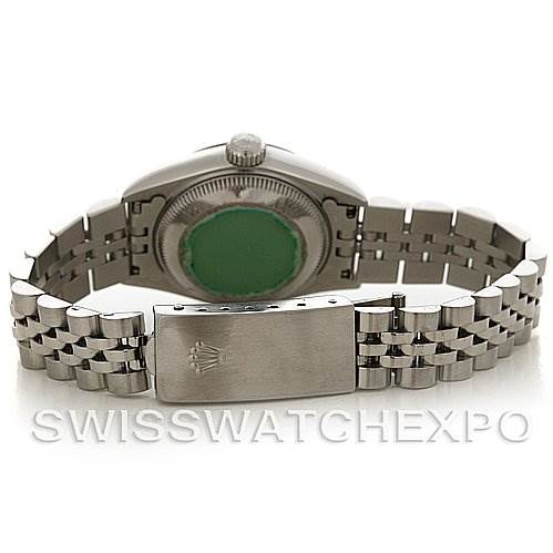 The image shows the back view of a Rolex Datejust 69174 Women's Stainless Steel Black Dial 69174 Women's Stainless Steel Black Dial watch, highlighting its case back and the Jubilee bracelet with a Rolex clasp.