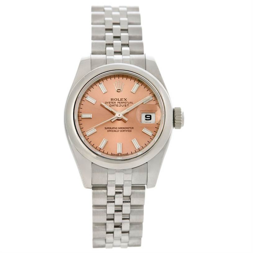 This image shows a front view of a Rolex Datejust 179160 Women's Stainless Steel Pink Dial 179160 Women's Stainless Steel Pink Dial watch, highlighting the dial, bezel, case, bracelet, and crown.