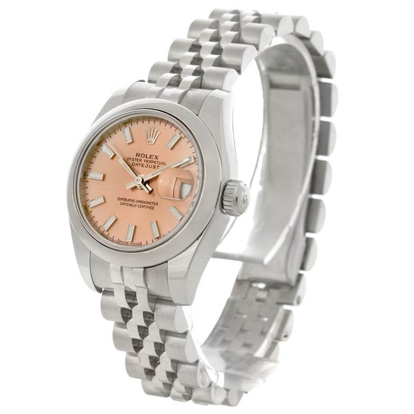 This image showcases a Rolex Datejust 179160 Women's Stainless Steel Pink Dial 179160 Women's Stainless Steel Pink Dial watch angled to highlight the face, crown, and bracelet.