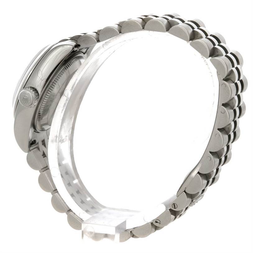 The image shows a side view of a Rolex Datejust 179160 Women's Stainless Steel Pink Dial 179160 Women's Stainless Steel Pink Dial watch's case and Jubilee bracelet.