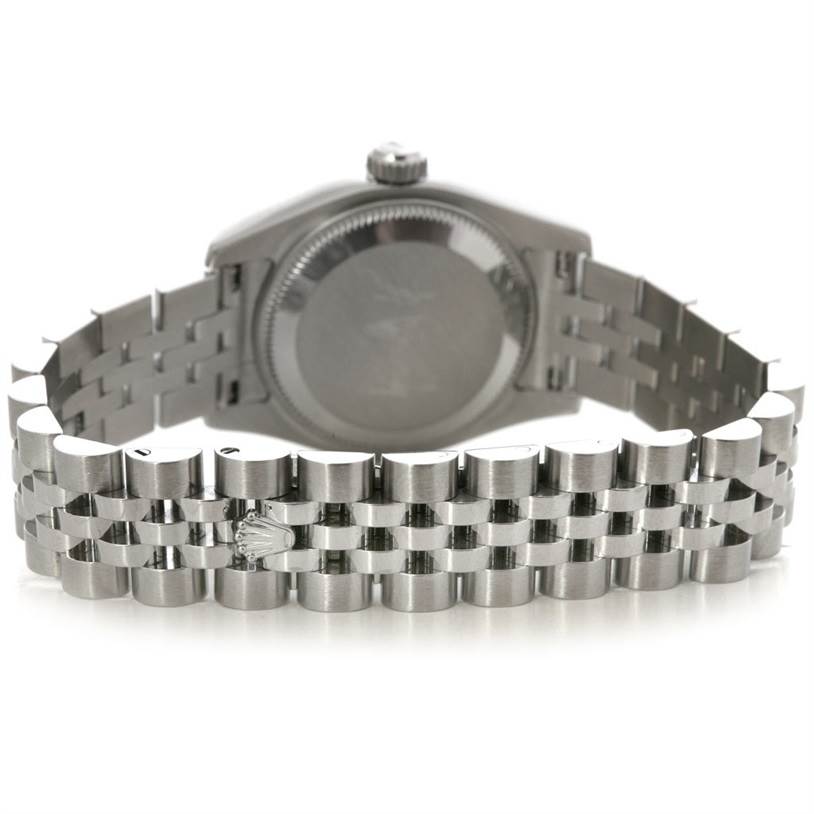 This image shows the back view of the Rolex Datejust 179160 Women's Stainless Steel Pink Dial 179160 Women's Stainless Steel Pink Dial watch, focusing on the case back and the Jubilee bracelet.