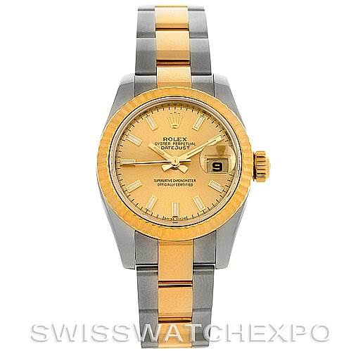 The image shows a front view of a Rolex Datejust 179173 Women's Steel and Gold (two tone) Champagne Dial 179173 Women's Steel and Gold (two tone) Champagne Dial watch with a two-tone gold and silver bracelet, gold dial, and date window.