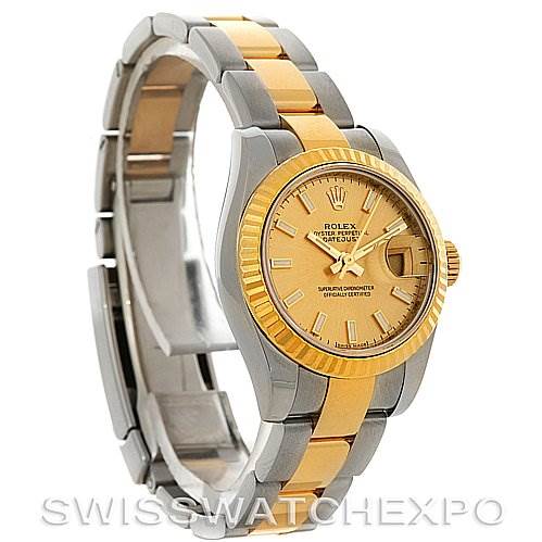 This image shows the front view of a Rolex Datejust 179173 Women's Steel and Gold (two tone) Champagne Dial 179173 Women's Steel and Gold (two tone) Champagne Dial watch, highlighting its dial, bezel, and two-tone metal bracelet.